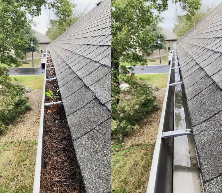 Gutter full of leaves and debris next to the same gutter cleaned out